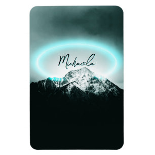 Snowy mountain mysterious blue neon light monogram magnet