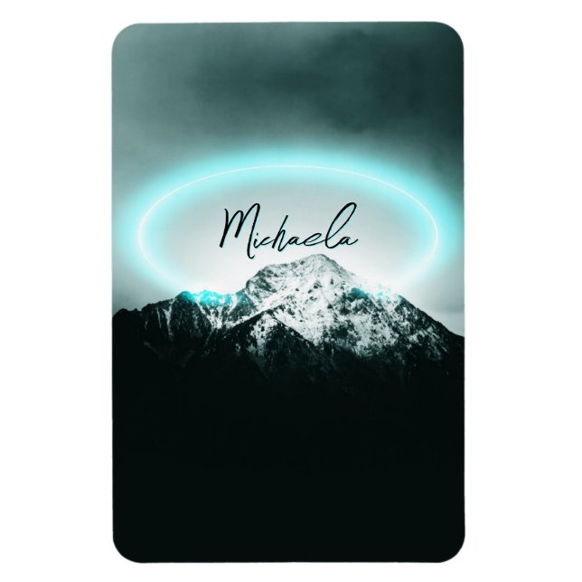 Snowy mountain mysterious blue neon light monogram magnet (Vertical)