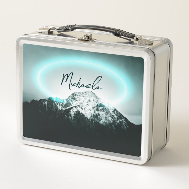 Snowy mountain mysterious blue neon light monogram metal lunch box (Front)