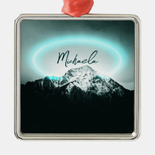 Snowy mountain mysterious blue neon light monogram metal ornament