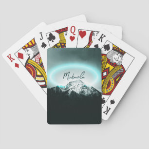 Snowy mountain mysterious blue neon light monogram playing cards