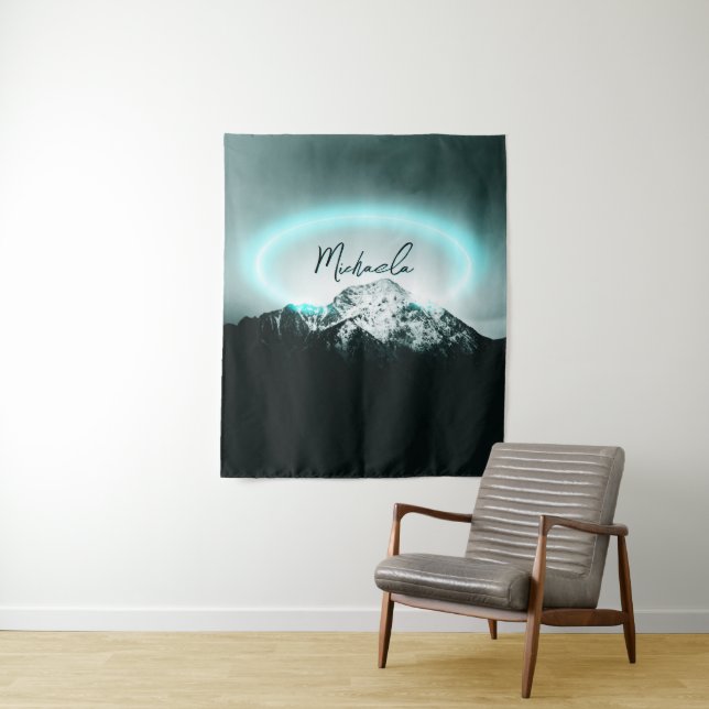 Snowy mountain mysterious blue neon light monogram tapestry (In Situ)