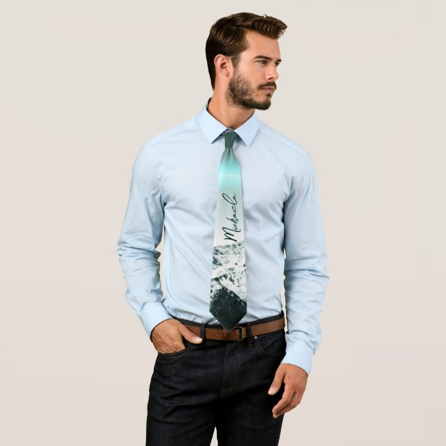Snowy mountain mysterious blue neon light monogram tie (In Situ)