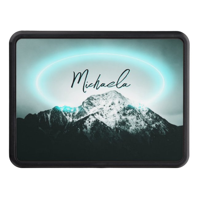 Snowy mountain mysterious blue neon light monogram trailer hitch cover (Front)