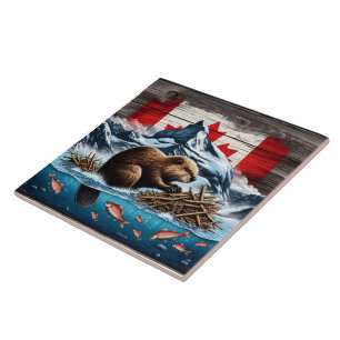 Snowy Mountain, Ocean, Canadian Beaver Tile