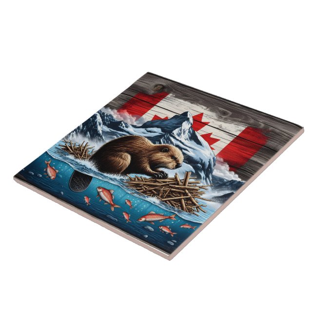 Snowy Mountain, Ocean, Canadian Beaver Tile (Side)