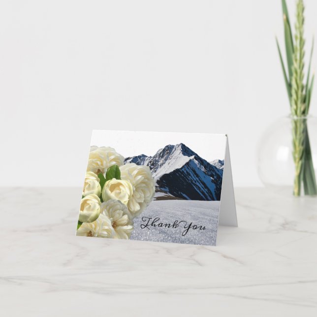 Snowy Mountain Peaks and Flowers Thank You Card (Front)