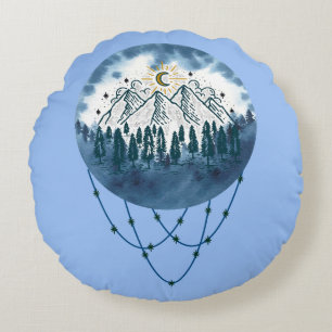 Snowy Mountain Pine Tree Nature Adventure Outdoor Round Pillow