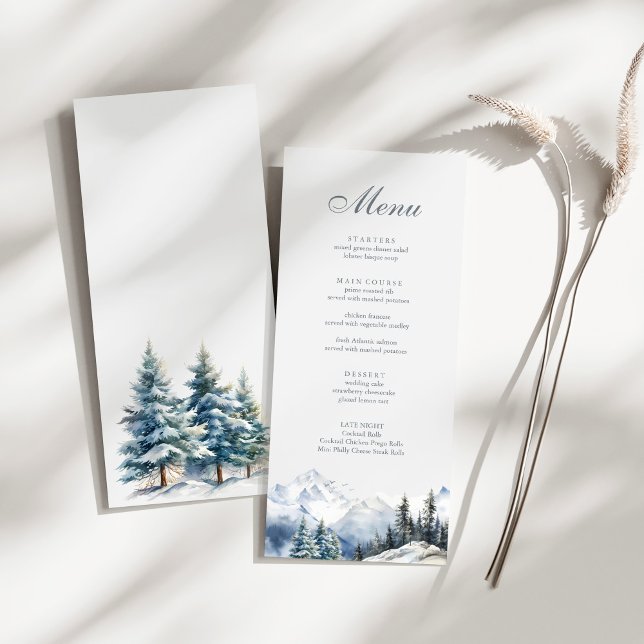 Snowy Mountain & Pine Trees Wedding Menu (Snowy Mountain & Pine Trees Wedding Menu on a sunny white table.)