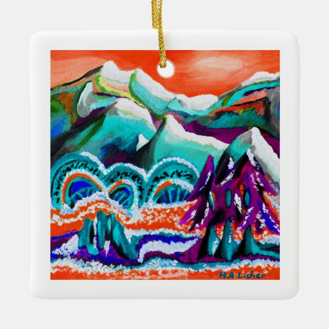 Snowy mountain scene in art ceramic ornament (Front)