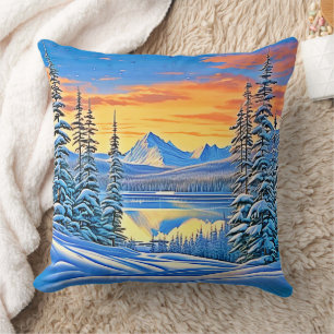 Snowy Mountain Sunset Glow Throw Pillow