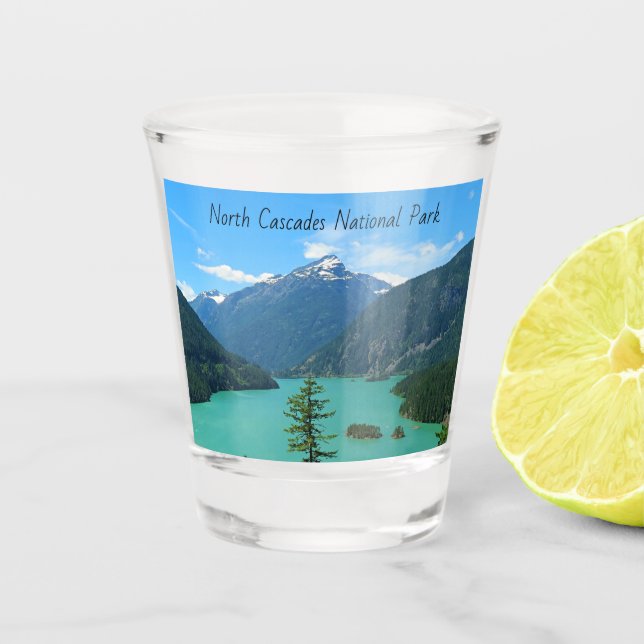 Snowy Mountain Turquoise Lake in Washington Shot Glass (Front)