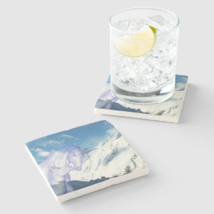 Snowy Mountain Unicorn Stillness View Stone Coaster