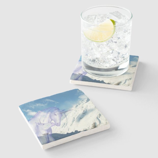 Snowy Mountain Unicorn Stillness View Stone Coaster (Side)