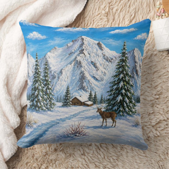 Snowy Mountain Valley Throw Pillow (Blanket)