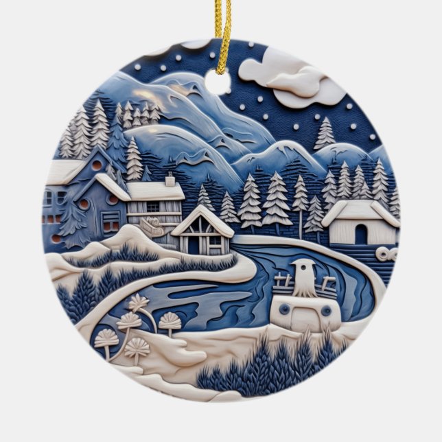 Snowy Mountain Village Ornament (Front)