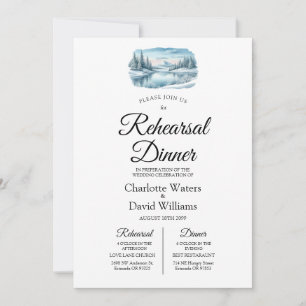 Snowy Mountain Winter Lake Rehearsal Dinner Invitation