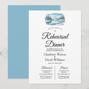 Snowy Mountain Winter Lake Rehearsal Dinner Invitation