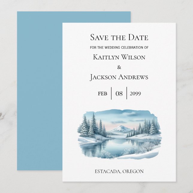 Snowy Mountain Winter Lake Save the Date (Front/Back)