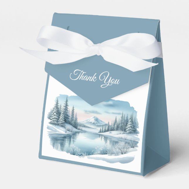 Snowy Mountain Winter Lake Wedding  Favor Box (Front Side)