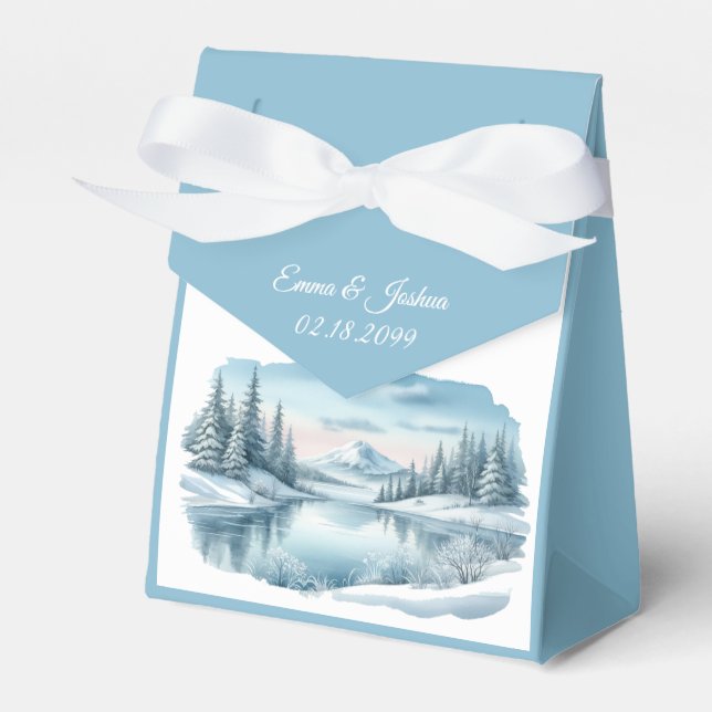 Snowy Mountain Winter Lake Wedding Favor Box (Front Side)