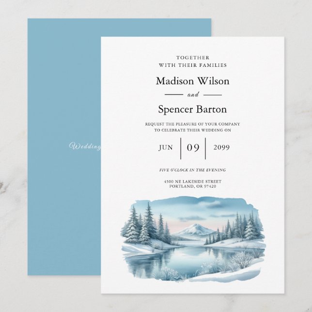 Snowy Mountain Winter Lake Wedding Invitation (Front/Back)