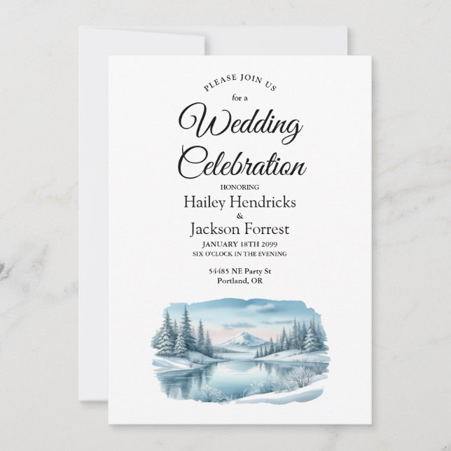 Snowy Mountain Winter Lake Wedding Invitation (Front)