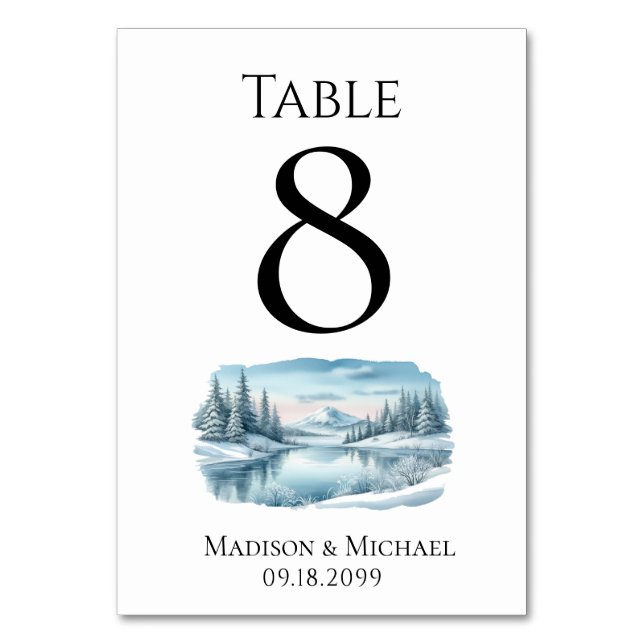 Snowy Mountain Winter Lake Wedding Table Number (Front)
