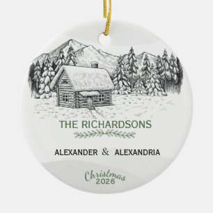 Snowy Mountain Winter Log Cabin Ceramic Ornament