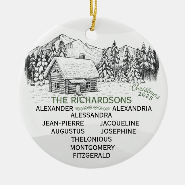 Snowy Mountain Winter Log Cabin X10 Ceramic Ornament (Front)