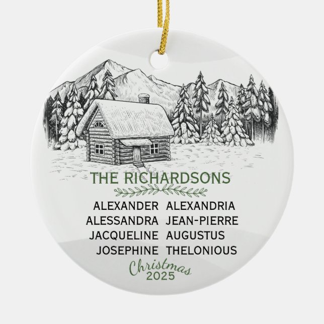 Snowy Mountain Winter Log Cabin X8 Ceramic Ornament (Front)