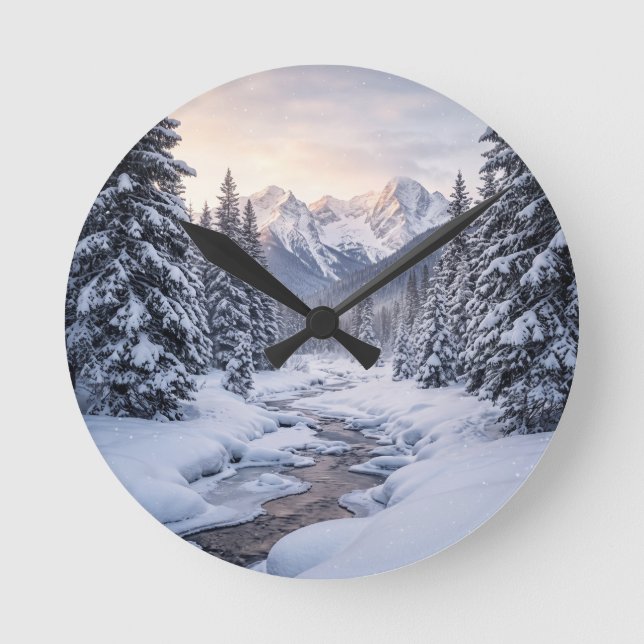 Snowy Mountain Winter Round Clock (Front)