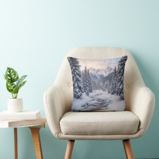 Snowy Mountain Winter Throw Pillow