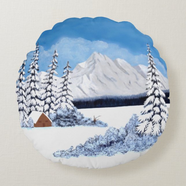 Snowy Mountains Round Pillow (Front)