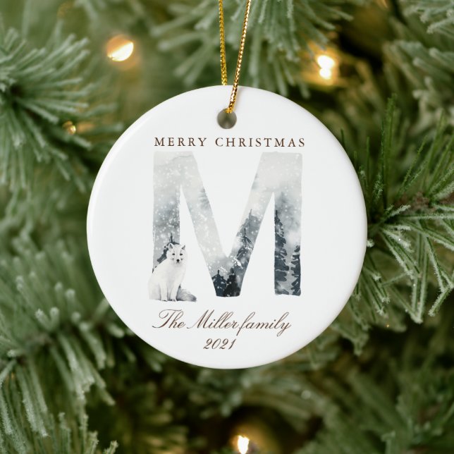 Snowy Mountains Woodland Animals Holiday Ceramic Ornament (Tree)