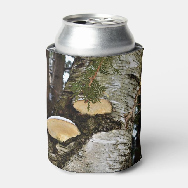 Snowy Mushrooms on Birch Tree Can Cooler (Can Front)