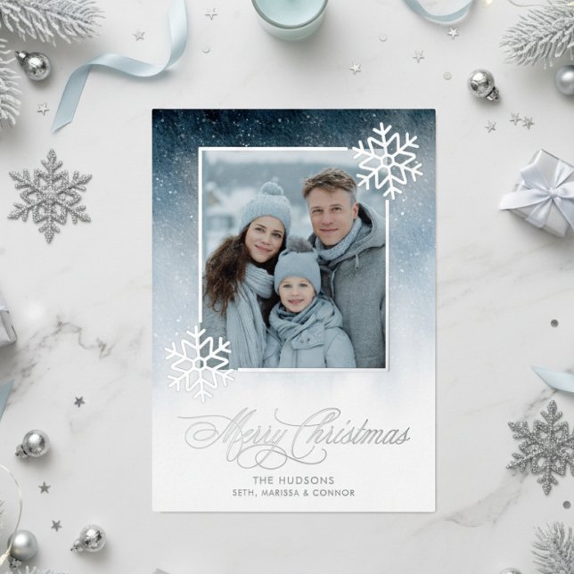 Snowy Night Blue Foil Merry Christmas Holiday Card (Creator Uploaded)