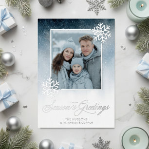 Snowy Night Blue Foil Seasons Greetings Holiday Card