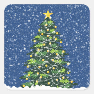 Snowy Night Christmas Tree Square Sticker