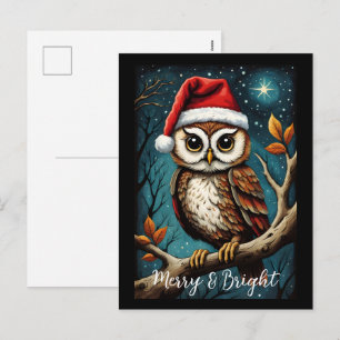 Snowy Night Cute Owl Merry & Bright Christmas  Holiday Postcard