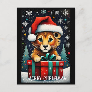 Snowy Night Cute Santa Baby Lion Christmas Postcard