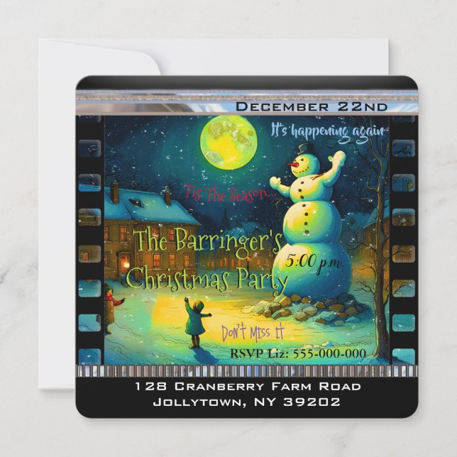 Snowy Night Snowman Memory Christmas Party Invitation (Front)