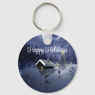 Snowy Night with House Covered in Snow Keychain
