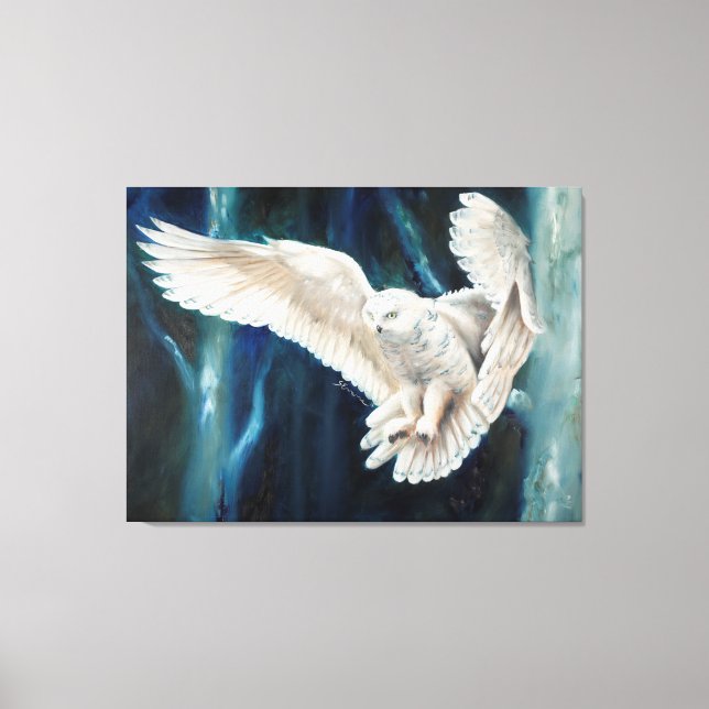 Snowy Nightfall - snowy owl flying through birch Canvas Print (Front)