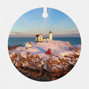 Snowy Nubble Lighthouse Metal Ornament