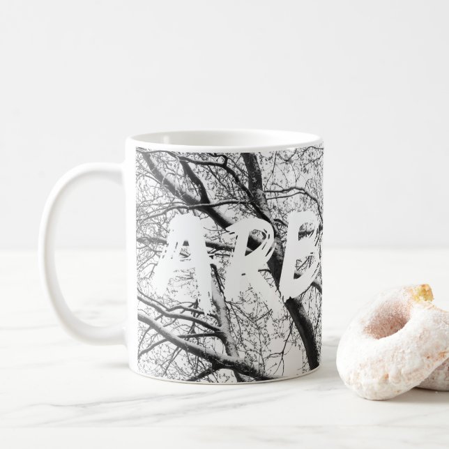 Snowy Oak Tree silhouette mono Coffee Mug (With Donut)
