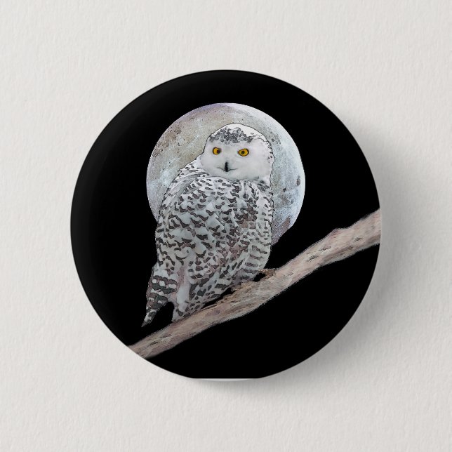 Snowy Owl and Moon Painting - Original Bird Art 2 Inch Round Button (Front)