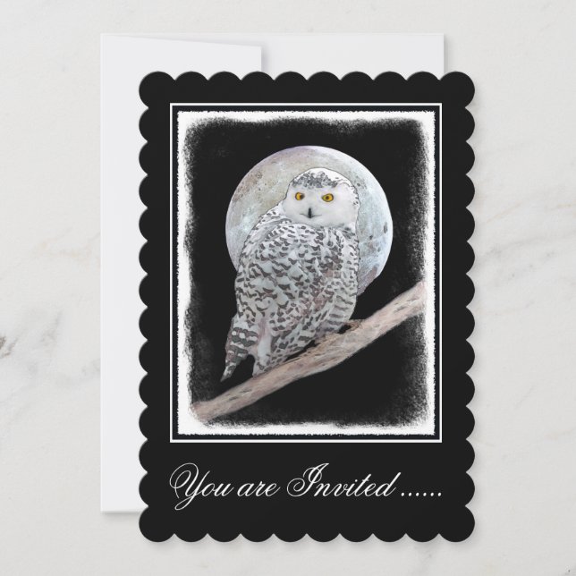 Snowy Owl and Moon Painting - Original Bird Art Invitation (Front)