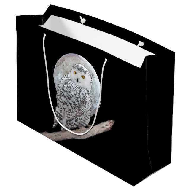 Snowy Owl and Moon Painting - Original Bird Art Large Gift Bag (Back Angled)