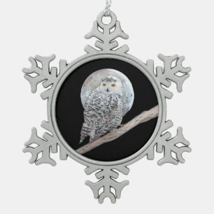 Snowy Owl and Moon Painting - Original Bird Art Snowflake Pewter Christmas Ornament
